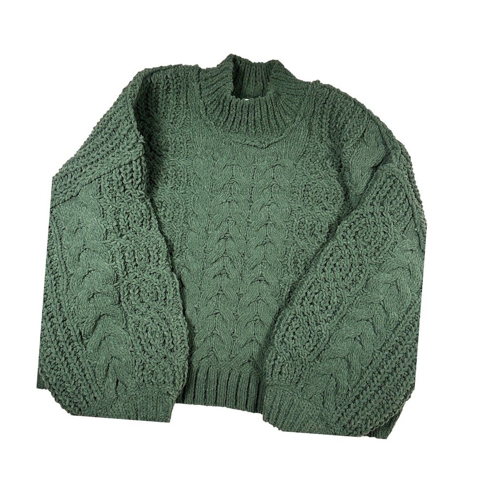 Zenana Cable Knit Sweater Women Large Green Chunky Mock Neck Pullover TW-2593Y
